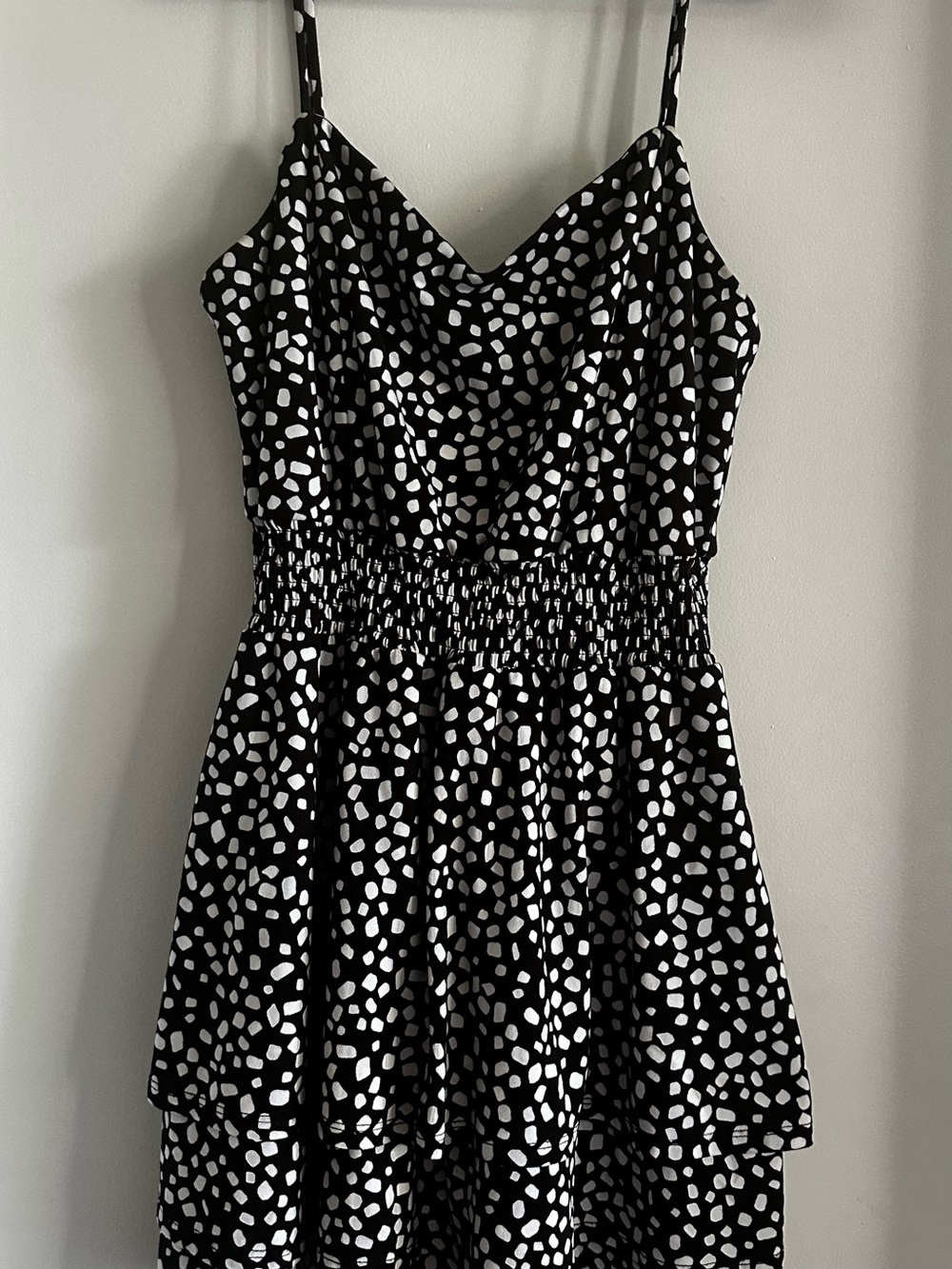 Emerald Sundae Black and White Spotted Smocked Mini Dress